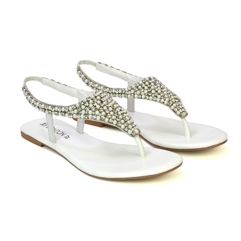 LAUREN DIAMANTE EMBELLISHED TOE POST STRAPPY SLINGBACK SPARKLY FLAT SUMMER SANDALS IN WHITE