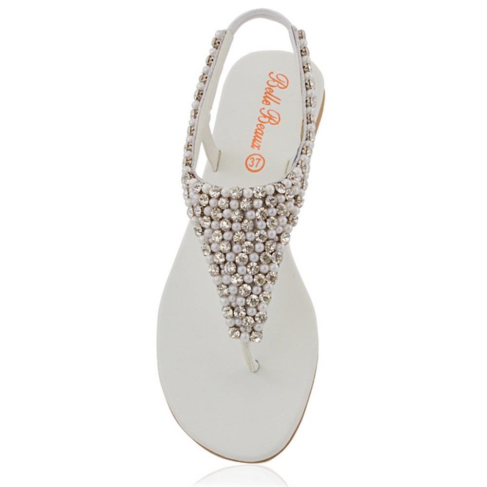 LAUREN DIAMANTE EMBELLISHED TOE POST STRAPPY SLINGBACK SPARKLY FLAT SUMMER SANDALS IN WHITE