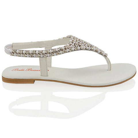 LAUREN DIAMANTE EMBELLISHED TOE POST STRAPPY SLINGBACK SPARKLY FLAT SUMMER SANDALS IN WHITE