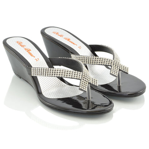 JULIETTA TOE POST SPARKLY DIAMANTE CROSS OVER STRAP SLIP ON WEDGE HEEL SANDALS IN BLACK