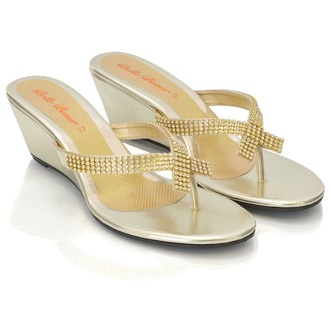 JULIETTA TOE POST SPARKLY DIAMANTE CROSS OVER STRAP SLIP ON WEDGE HEEL SANDALS IN GOLD