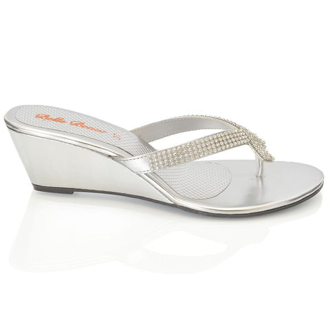 JULIETTA TOE POST SPARKLY DIAMANTE CROSS OVER STRAP SLIP ON WEDGE HEEL SANDALS IN SILVER