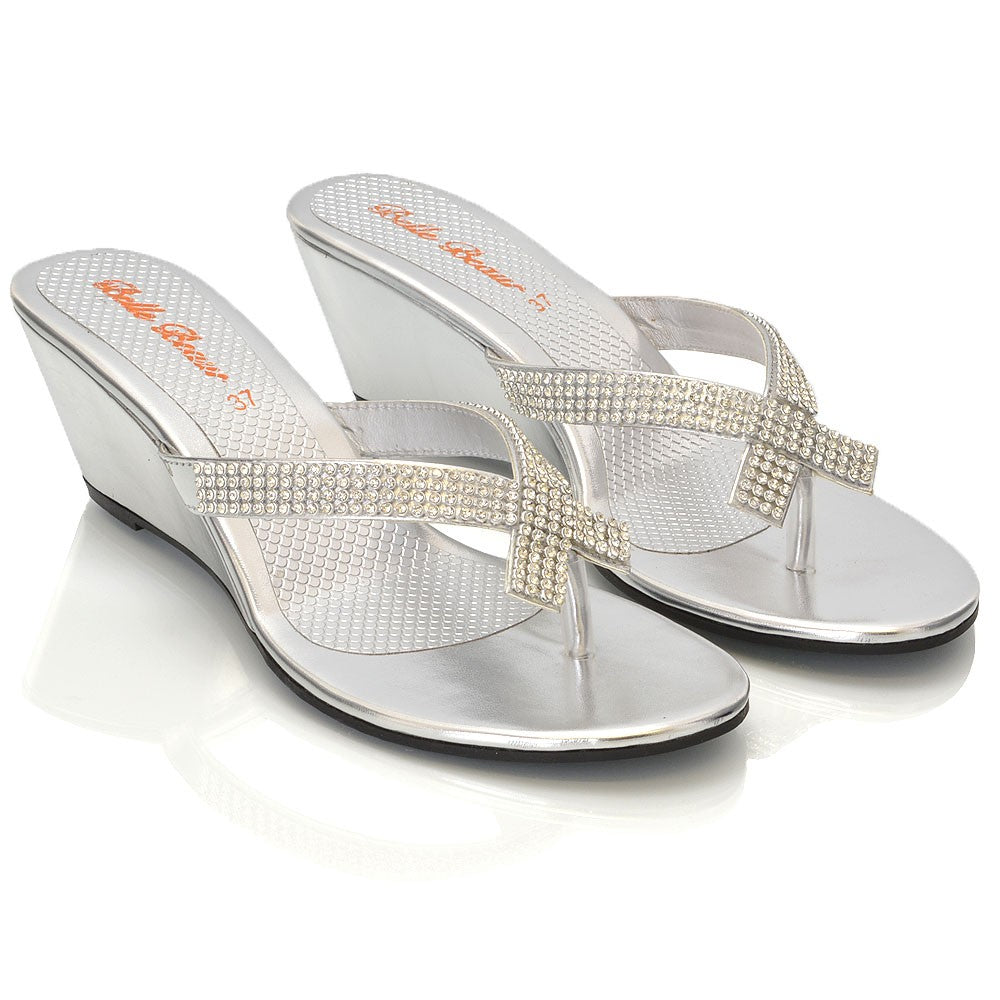 JULIETTA TOE POST SPARKLY DIAMANTE CROSS OVER STRAP SLIP ON WEDGE HEEL SANDALS IN SILVER