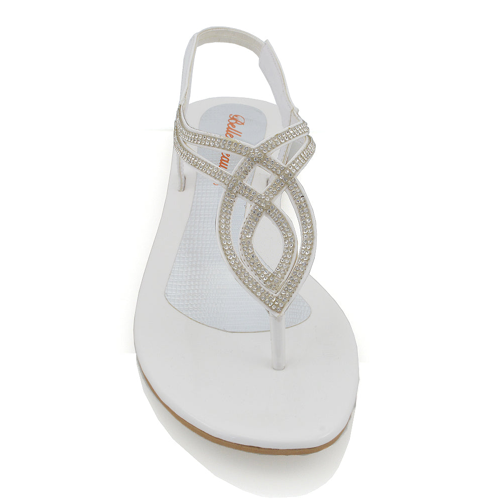 Arabella Diamante Detail Sling Back Strappy Low Heel Toe Post Flat Sandals for Women in White