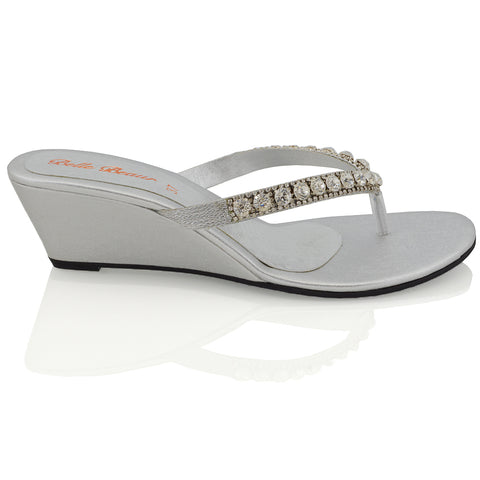 EVA THONG TOE POST STRAPPY SPARKLY GEM STONE DIAMANTE WEDGE SANDALS MID HEELS IN SILVER
