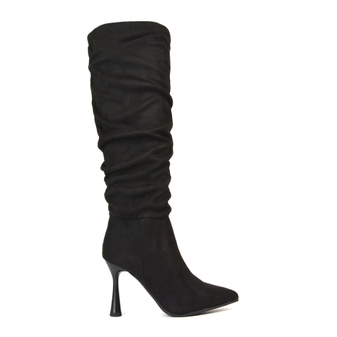 Andi Knee High Stiletto Heeled Ruched Pointed Toe Boots in Black