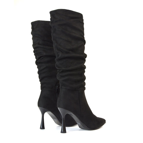 Andi Knee High Stiletto Heeled Ruched Pointed Toe Boots in Black