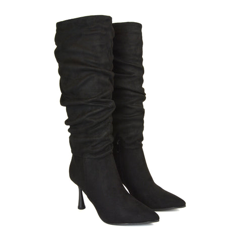 Andi Knee High Stiletto Heeled Ruched Pointed Toe Boots in Black