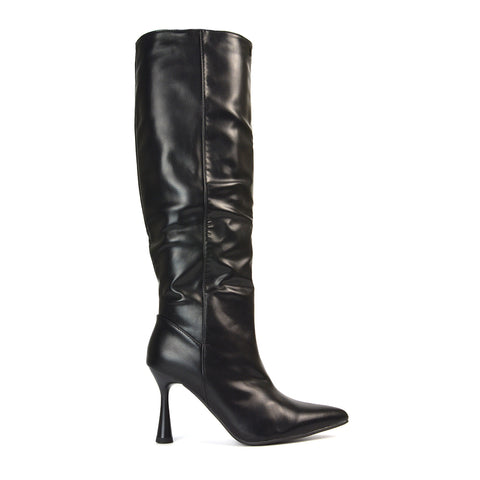 Isabel Stiletto High Heel Pointed Toe Knee High Boots in Black Synthetic Leather