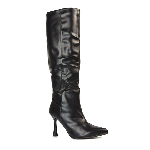 Isabel Stiletto High Heel Pointed Toe Knee High Boots in Black Synthetic Leather