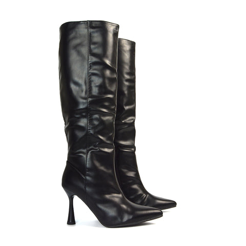 Isabel Stiletto High Heel Pointed Toe Knee High Boots in Black Synthetic Leather