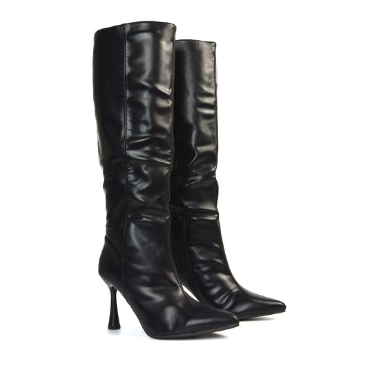 Isabel Stiletto High Heel Pointed Toe Knee High Boots in Black Synthetic Leather