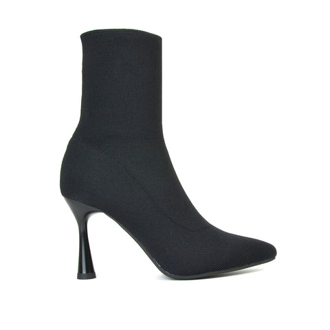 Gaby Pointed Toe Sock Ankle Boot Stiletto Heels in Black