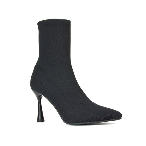 Gaby Pointed Toe Sock Ankle Boot Stiletto Heels in Black