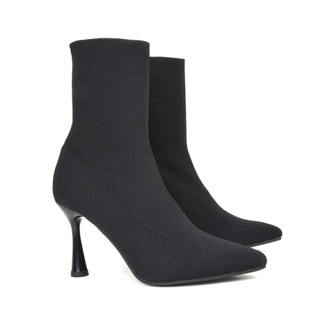 Gaby Pointed Toe Sock Ankle Boot Stiletto Heels in Black