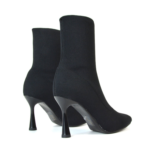 Gaby Pointed Toe Sock Ankle Boot Stiletto Heels in Black