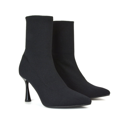 Gaby Pointed Toe Sock Ankle Boot Stiletto Heels in Black