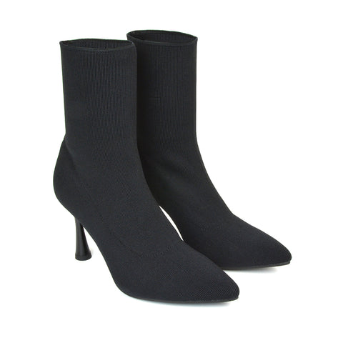 Gaby Pointed Toe Sock Ankle Boot Stiletto Heels in Black