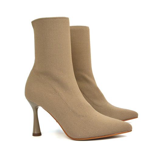 Gaby Pointed Toe Sock Ankle Boot Stiletto Heels in Taupe