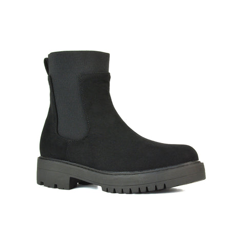 Karev Chunky Sole Elasticated Slip on Block Heel Chelsea Sock Ankle Boots in Black Faux Suede