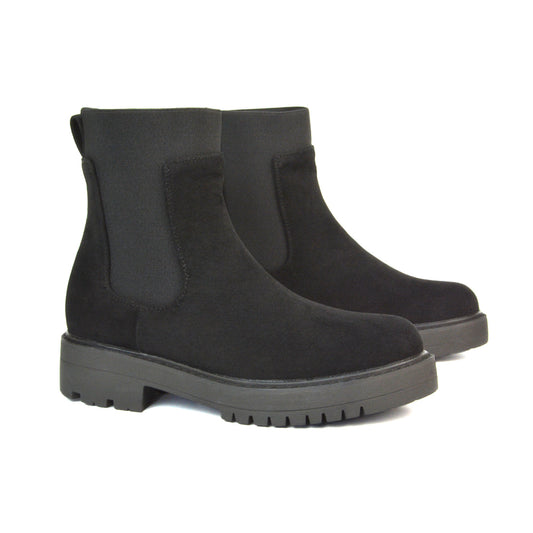 Karev Chunky Sole Elasticated Slip on Block Heel Chelsea Sock Ankle Boots in Black Faux Suede