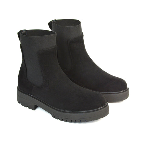 Karev Chunky Sole Elasticated Slip on Block Heel Chelsea Sock Ankle Boots in Black Faux Suede