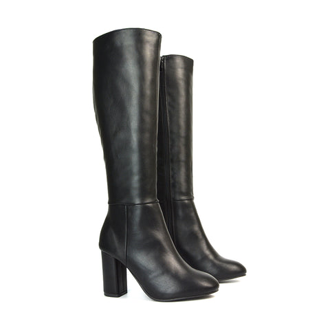 Maggie Knee High Block High Heeled Winter Long Boots in Black Synthetic Leather