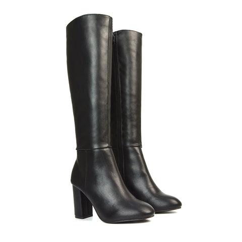 Maggie Knee High Block High Heeled Winter Long Boots in Black Synthetic Leather