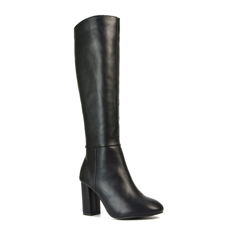 Maggie Knee High Block High Heeled Winter Long Boots in Black Synthetic Leather