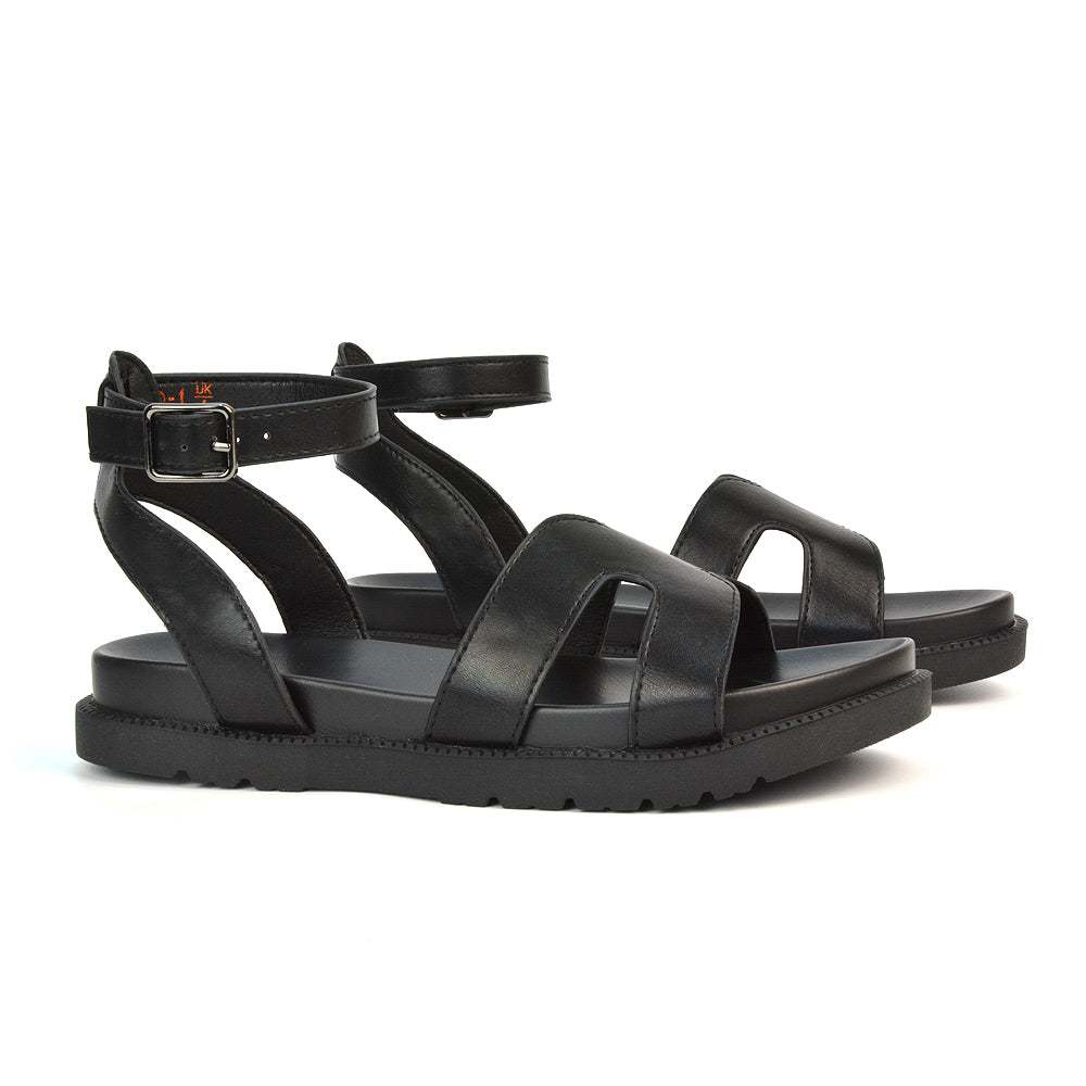 Black Synthetic Leather Flat Sandals