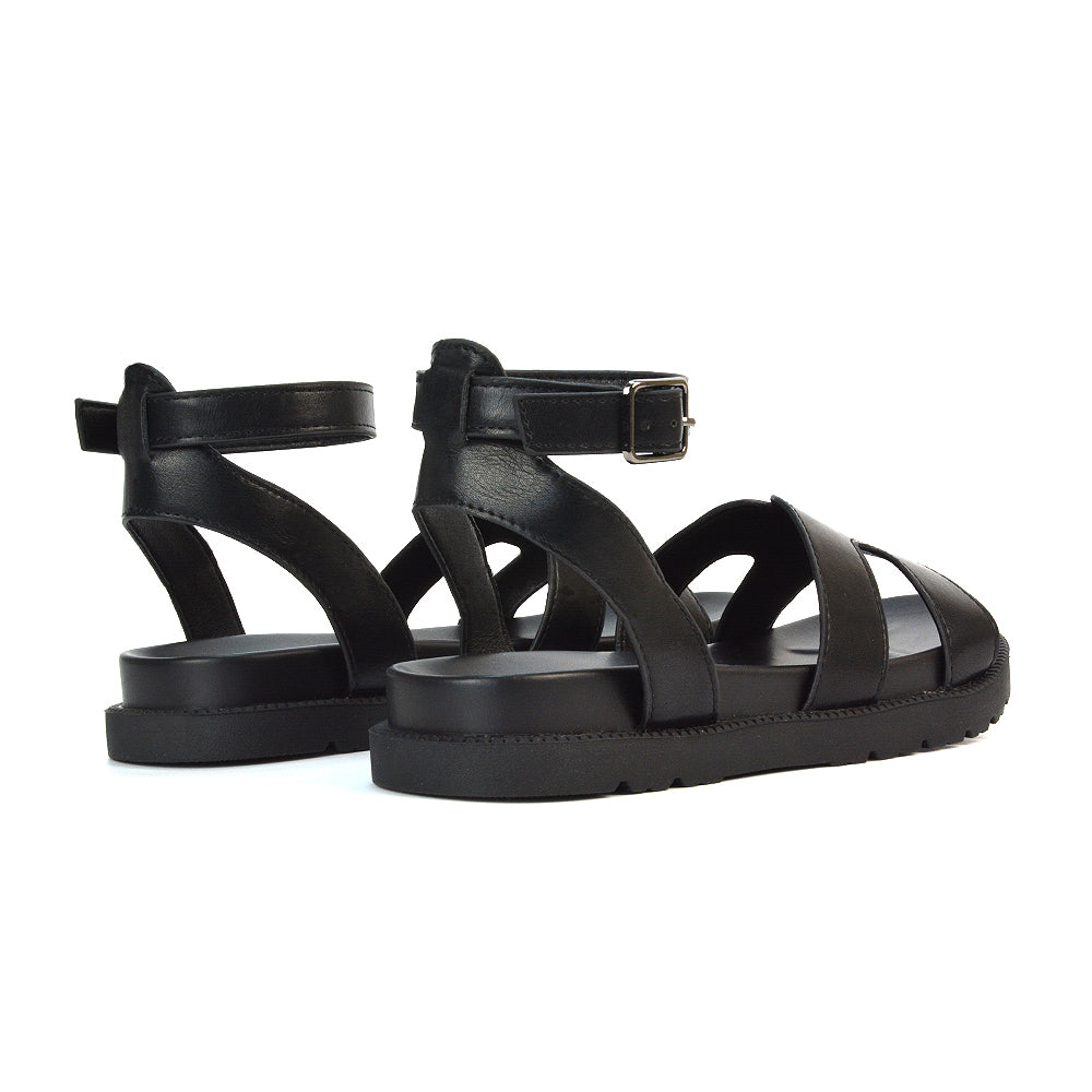 Black Synthetic Leather Strappy Sandals