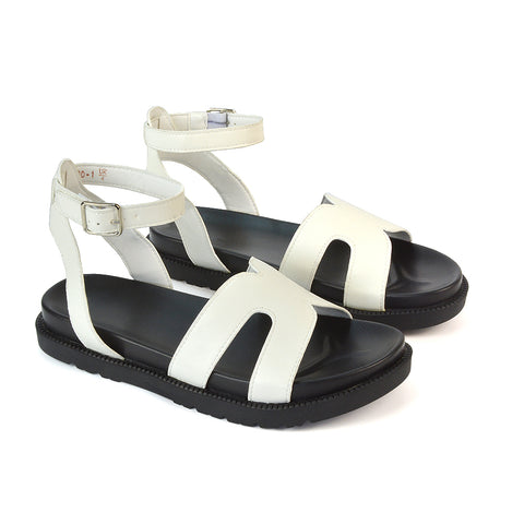 White Synthetic Leather Flat Sandals