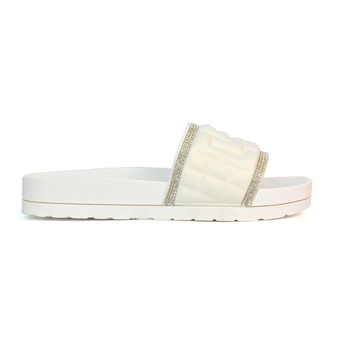 Neah Slip On Diamante Flat Sandals With Square Toe and Flatform Heel in White