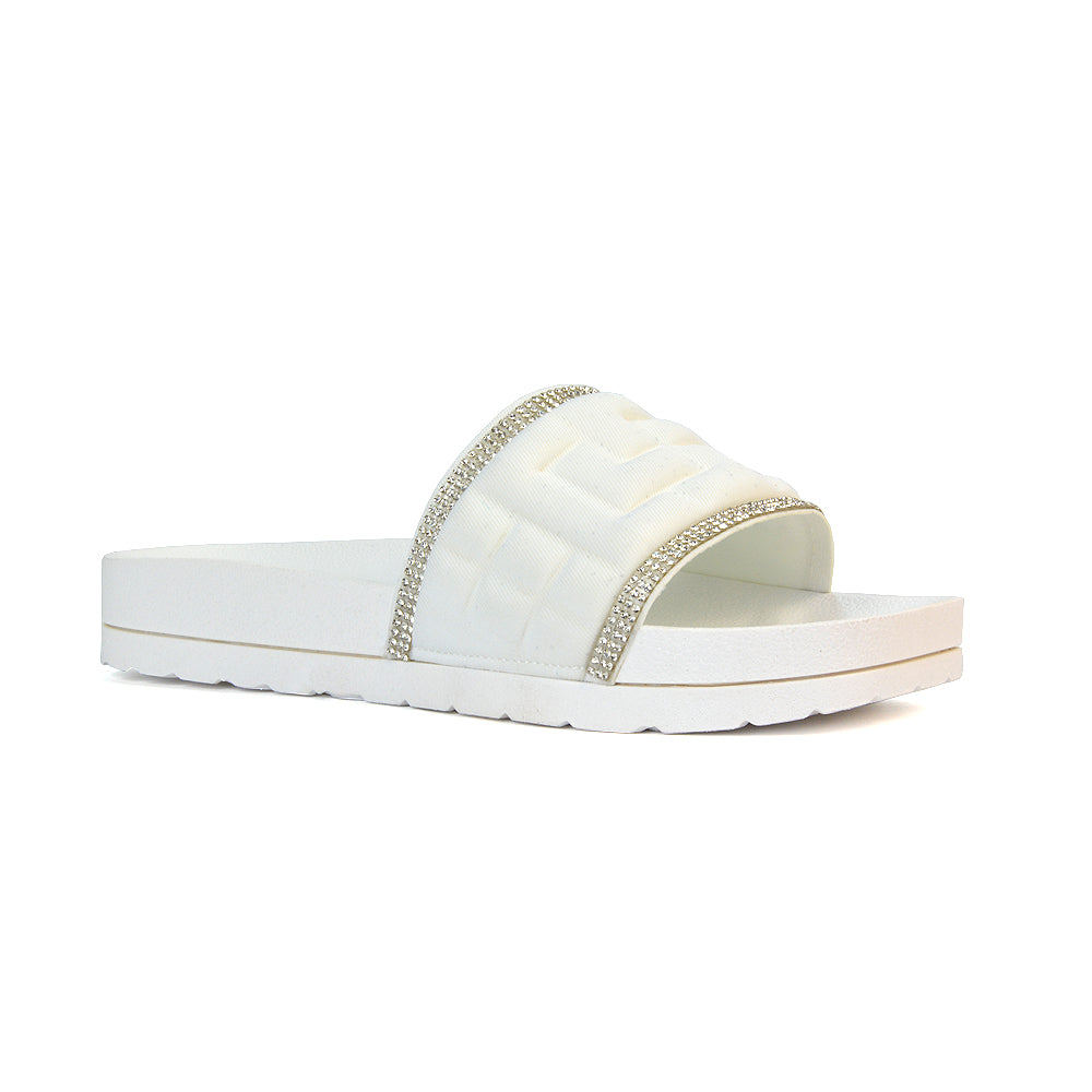 Neah Slip On Diamante Flat Sandals With Square Toe and Flatform Heel in White