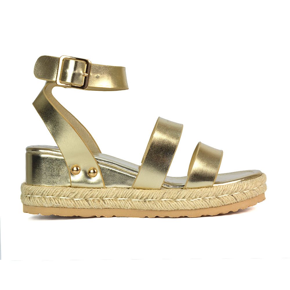 Jorja Platform Wedge Heel Sandals Espadrilles in Gold Metallic