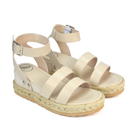 Nude Synthetic Leather Wedge Sandals