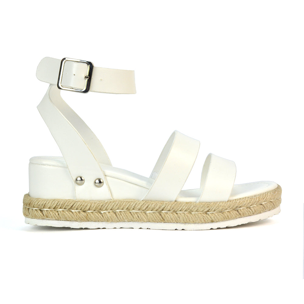 White Synthetic Leather Strappy Wedges