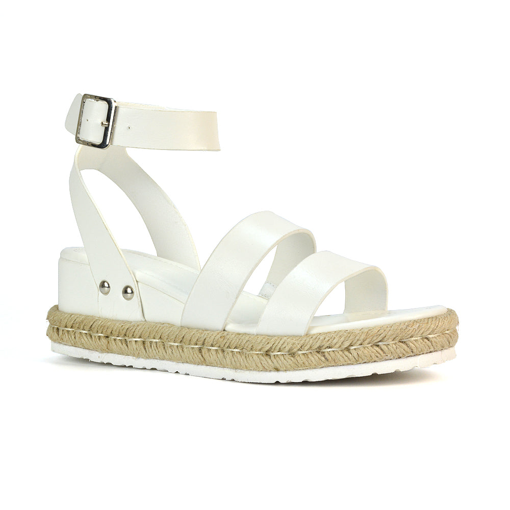 White Synthetic Leather Wedge Sandals