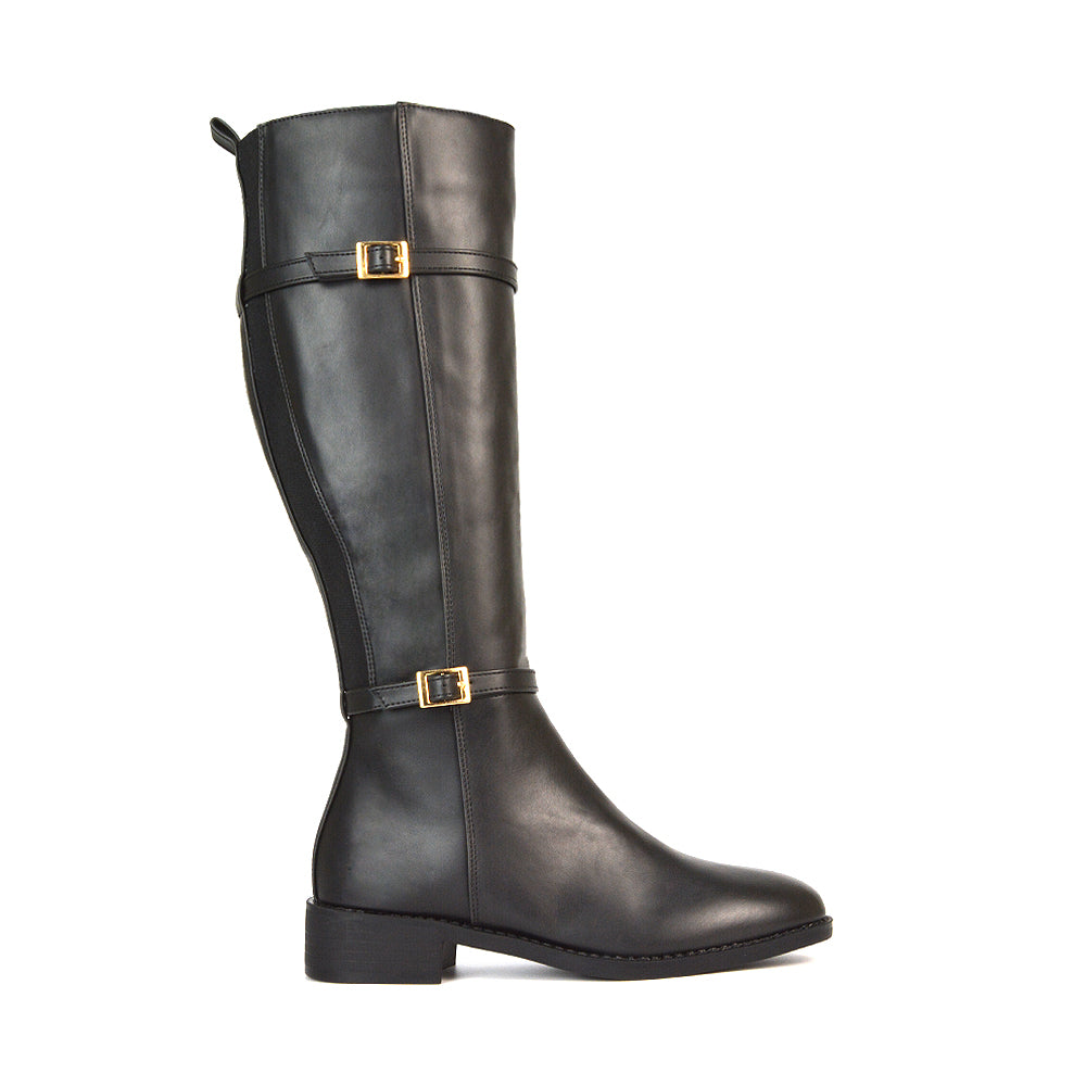 BOS-1 BLACK SYNTHETIC LEATHER 
FLAT KNEE HIGH BOOTS