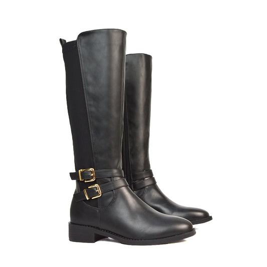 Charlie Flat Heel Zip Up Knee High Stretchy Boots With Buckle in Black Synthetic Leather