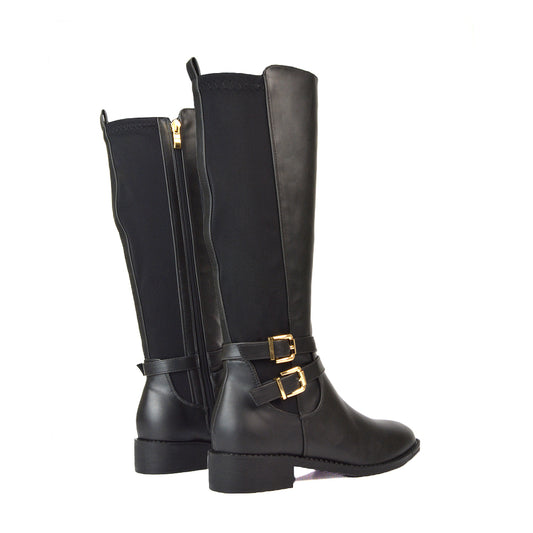 Charlie Flat Heel Zip Up Knee High Stretchy Boots With Buckle in Black Synthetic Leather