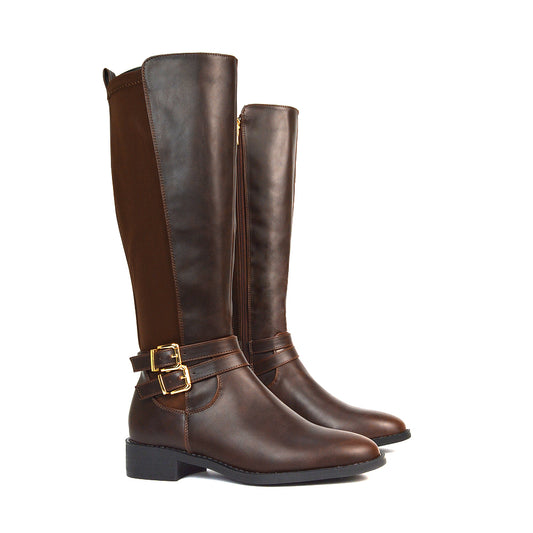 Charlie Flat Heel Zip Up Knee High Stretchy Boots With Buckle in Brown Synthetic Leather