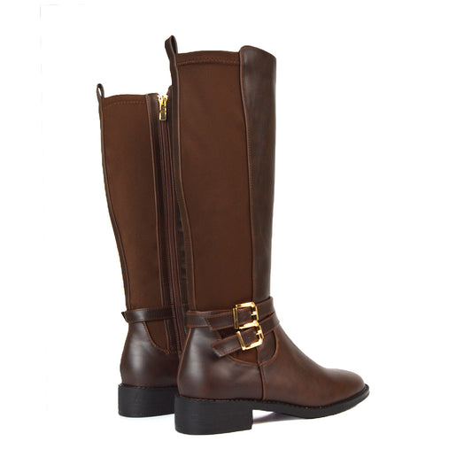 Charlie Flat Heel Zip Up Knee High Stretchy Boots With Buckle in Brown Synthetic Leather