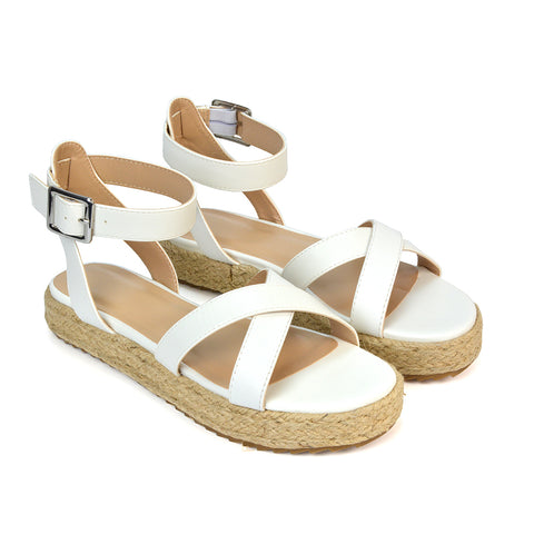 White Synthetic Leather Flat Sandals