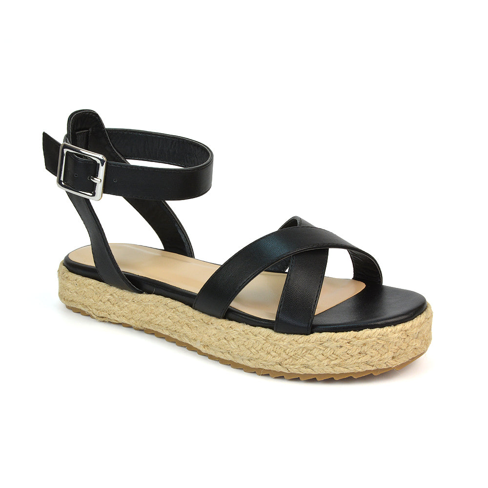 Black Synthetic Leather Flatform Sandals