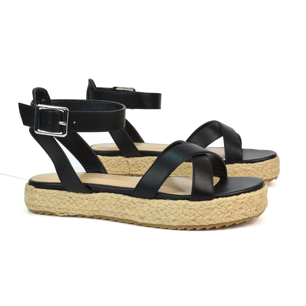 Black Synthetic Leather Flat Sandals