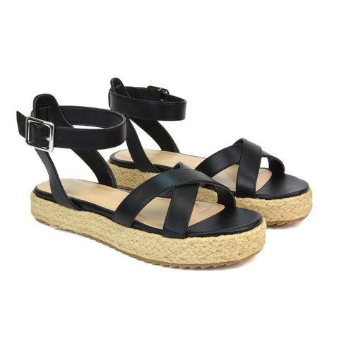 Black Synthetic Leather Strappy Sandals