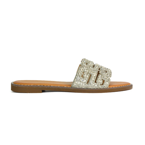 Silver Cut Out Strap Sandals, Silver Diamante Sandals, Diamante Sandals, Diamante Flat Sandals