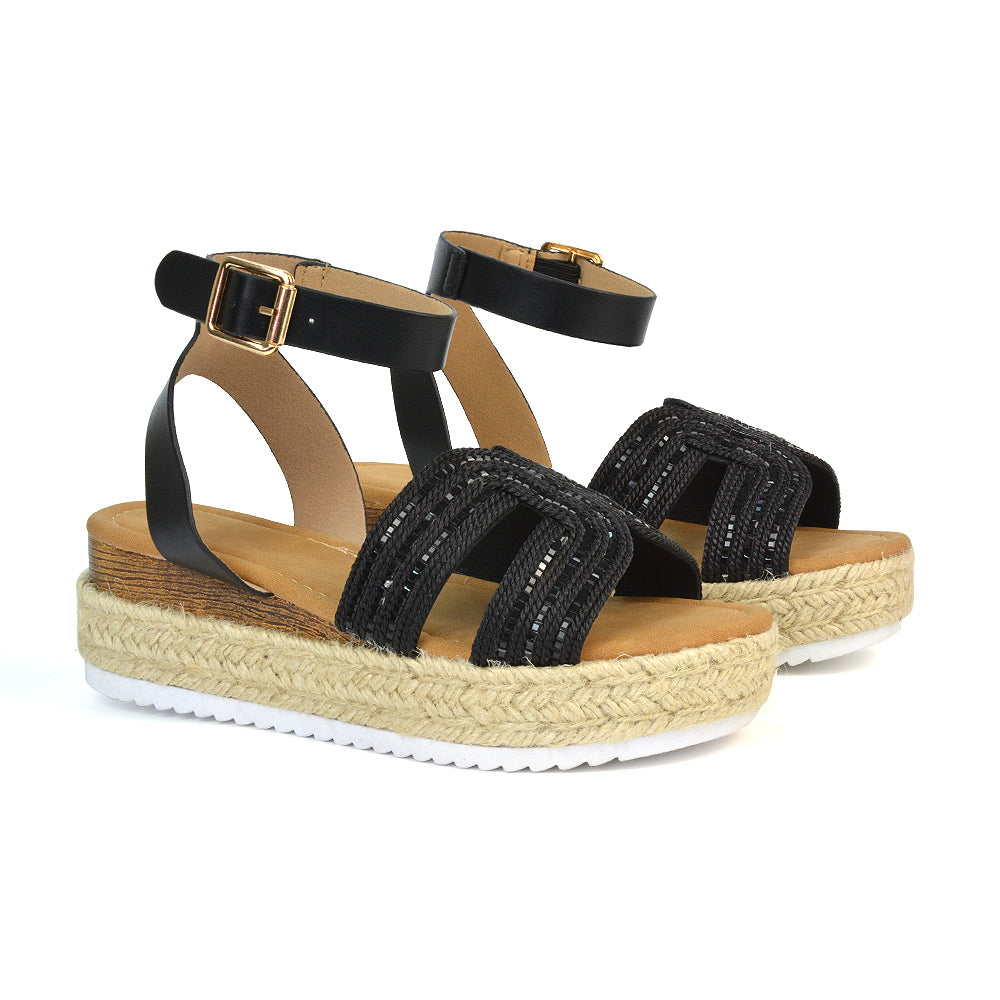 Clara Platform Wedge Heel Sandals Espadrille Diamante Flatforms in Rose Gold