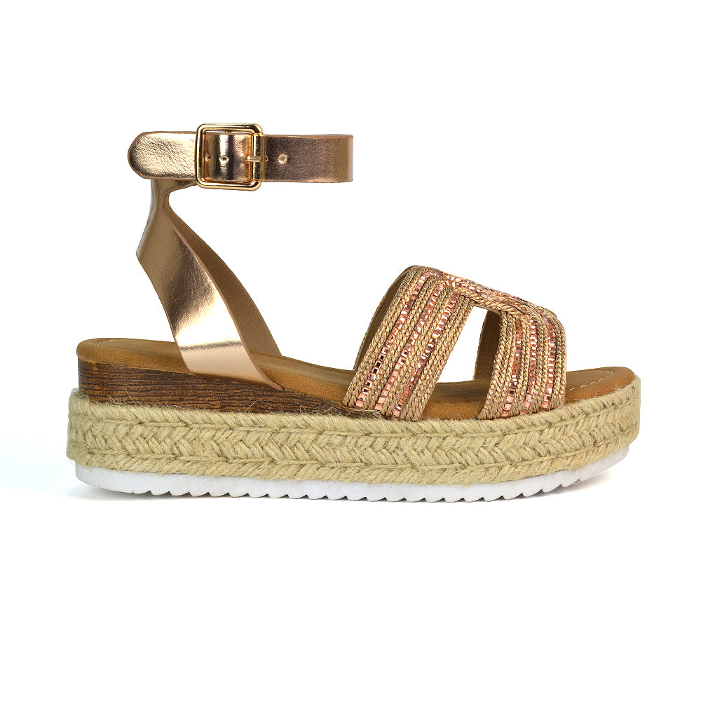 Clara Platform Wedge Heel Sandals Espadrille Diamante Flatforms in Rose Gold
